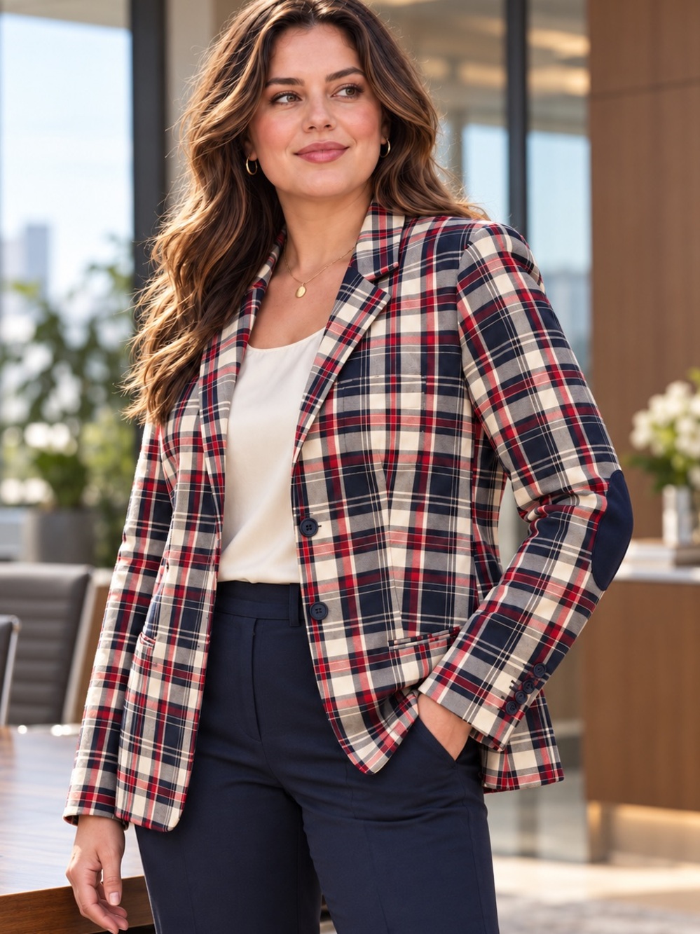 Tommy Hilfiger Women’s Plaid Blazer Size 14 Navy Red Beige Elbow Patches NWOT